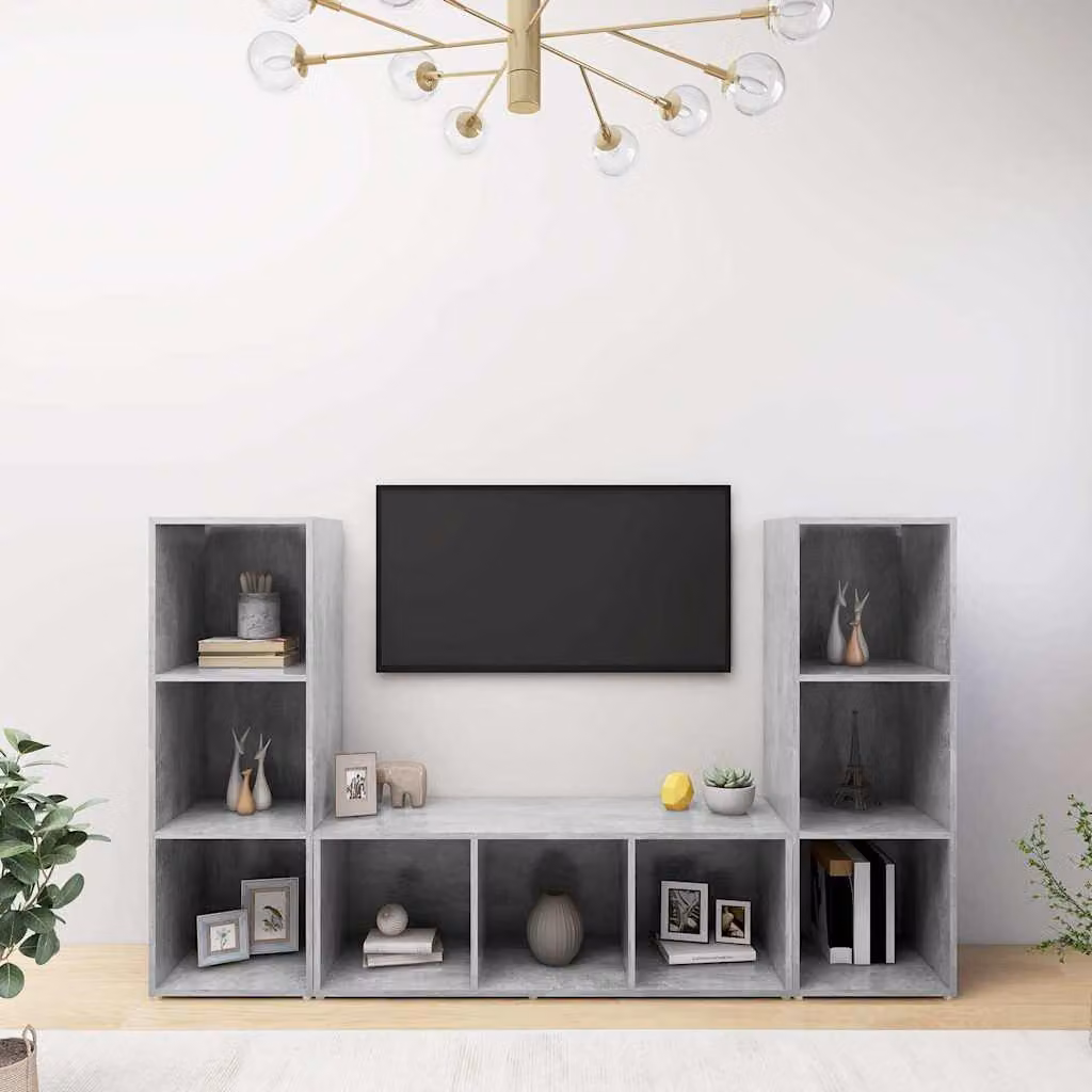Set di mobili TV vidaXL in 3 pezzi, colore grigio cemento, in legno e MDF, L 107 x P 35 x H 37 cm