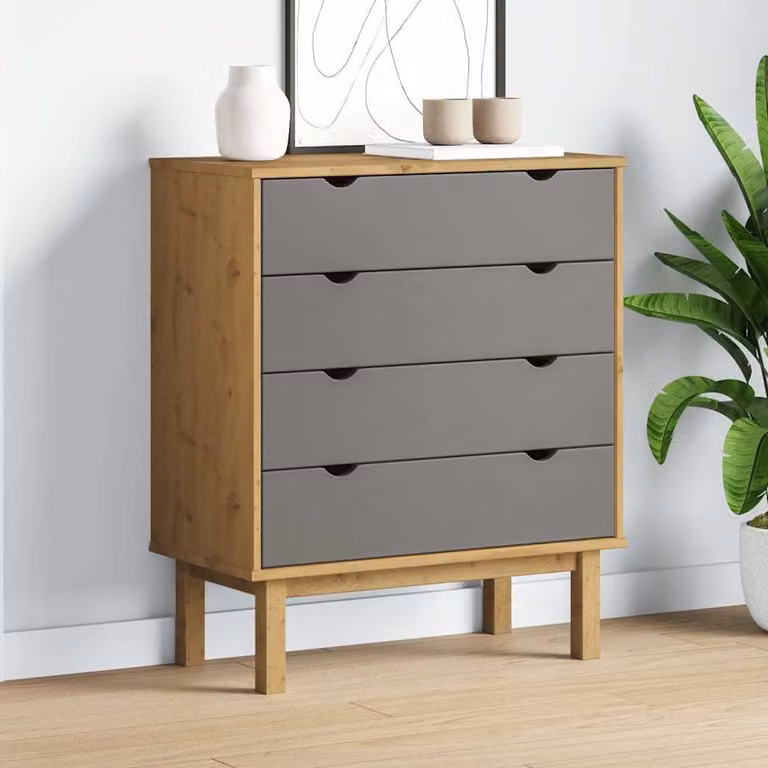 Cassettiera OTTA vidaXL in legno di pino, stile scandinavo, Marrone e Grigio, L: 76,5 cm, P: 39,5 cm, H: 90 cm