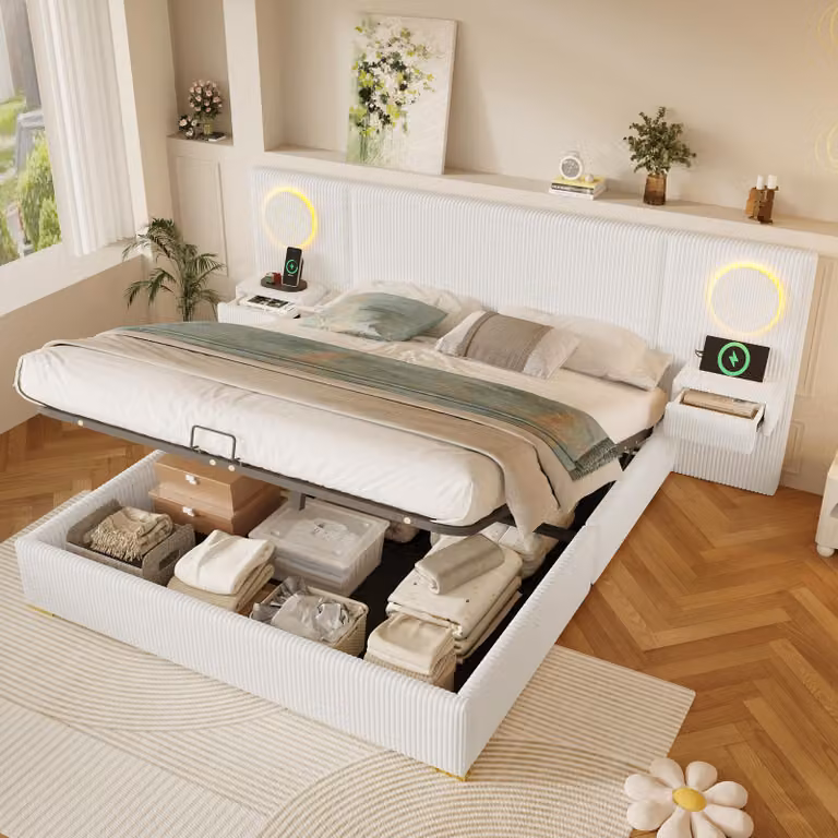 Letto imbottito okwish 180x200 con materasso e testiera LED, letto per ragazzi con contenitore e prese USB, letto matrimoniale color beige