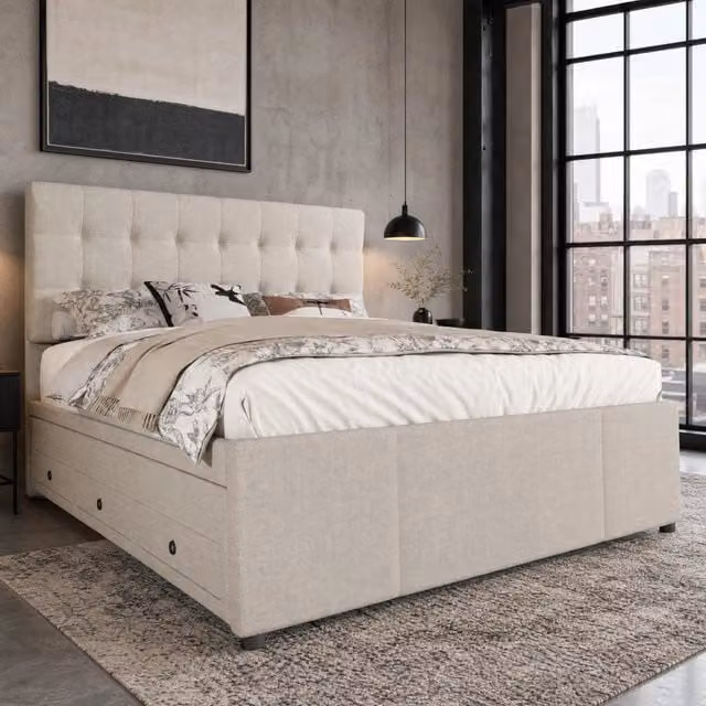 Letto imbottito matrimoniale 140 × 200 cm estraibile con tre cassetti testiera regolabile beige