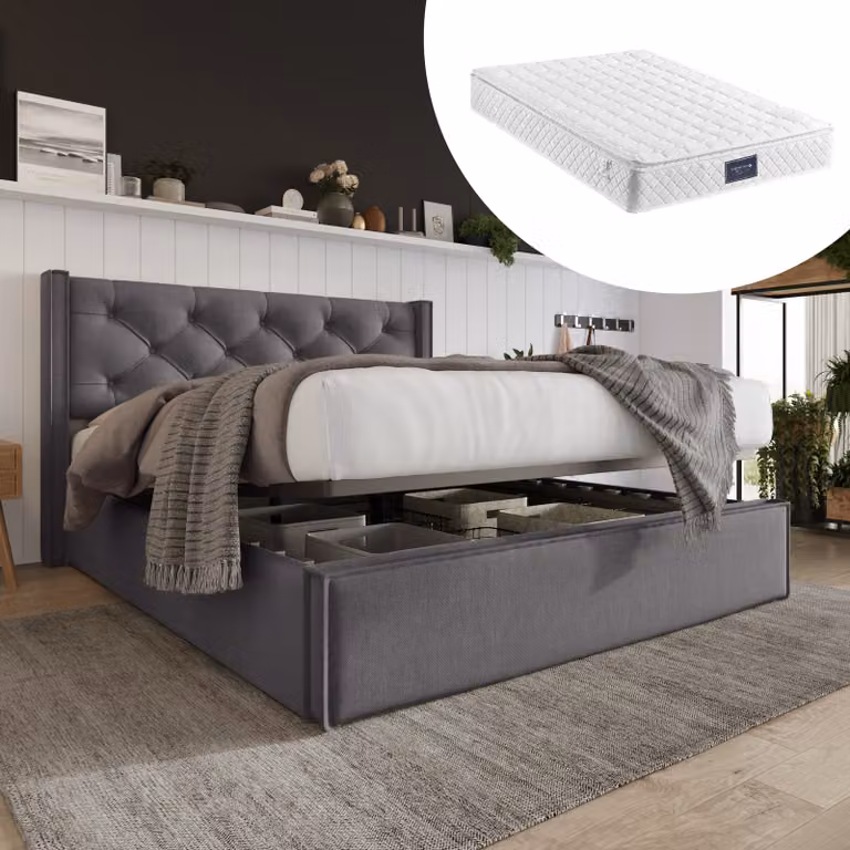 Letto Merax a molle idrauliche 140x200cm imbottito con rete e materasso, contenitore e rete a doghe in metallo, letto matrimoniale a forma di orecchio, funzionale letto contenitore in cotone, grigio