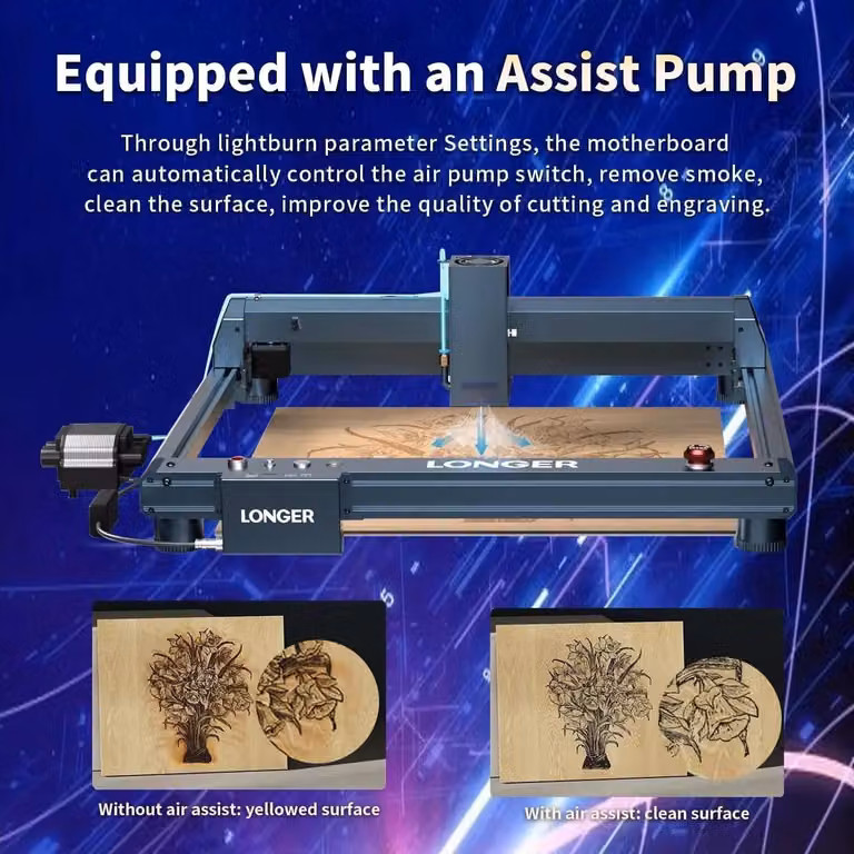 Inciseur laser e tagliacuci laser - Modello B1, 40 W - Area di lavoro 450 × 440 mm - Laser a diodi - Velocità fino a 36.000 mm/min - Taglia fino a 40 mm di legno di tiglio / 50 mm di acrilico nero