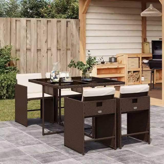 Set da Pranzo da Giardino 5pz con Cuscini in Polyrattan Marrone 3277844