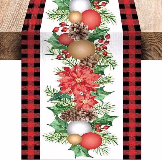 Tovaglia decorativa invernale con fiori rossi e pigne, 33x183 cm, Modello 1