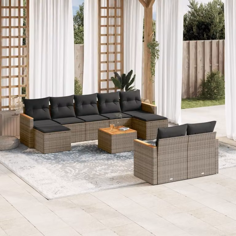Set Divano da Giardino vidaXL 10 pz in Polyrattan Grigio con Cuscini e Tavolino