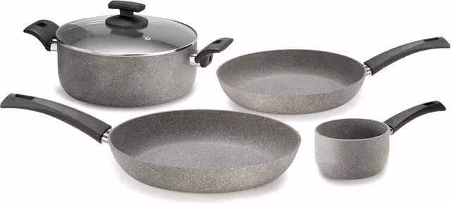 Set di Pentole Olympia Rockers in Alluminio Antiaderente Grigio, 5 Pezzi con Coperchio in Vetro