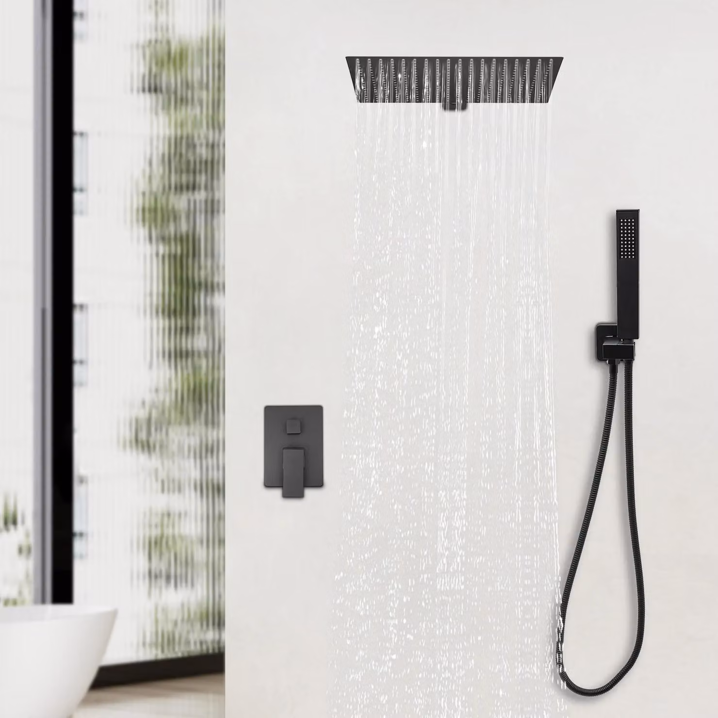 Set doccia per il bagno - Sistema doccia a pioggia montato a parete - Ottone e acciaio inossidabile - Design moderno - Nero