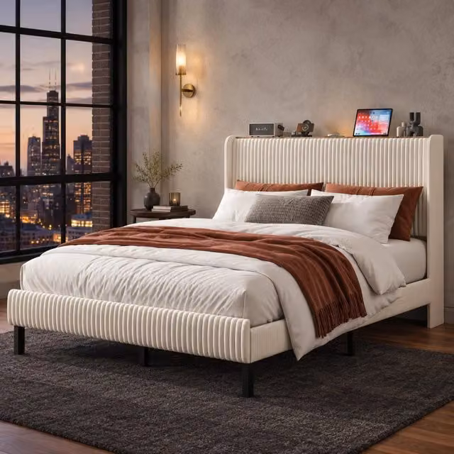 Letto matrimoniale imbottito 140 × 200 cm con testiera in velluto a coste beige e crema rete a doghe metalliche