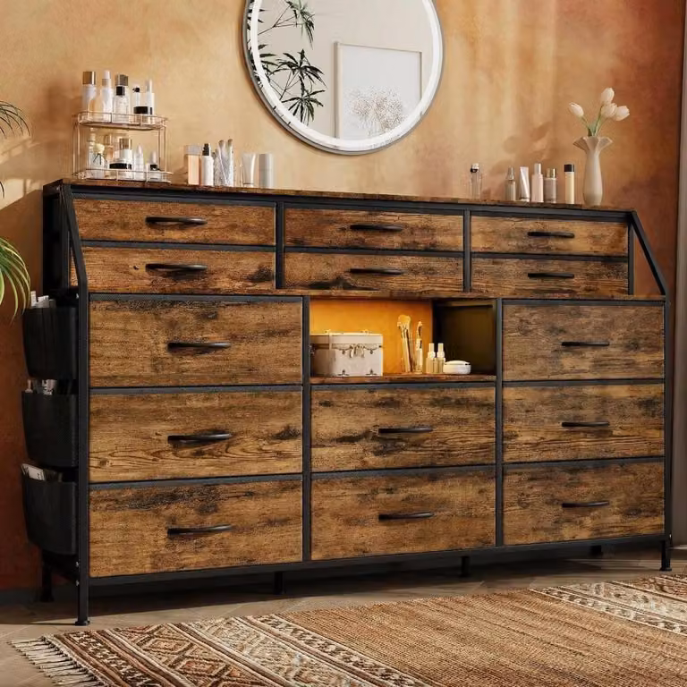 Comodino con 14 cassetti in tessuto, struttura in MDF e metallo, colore marrone, dimensioni 100x36x28,5 cm