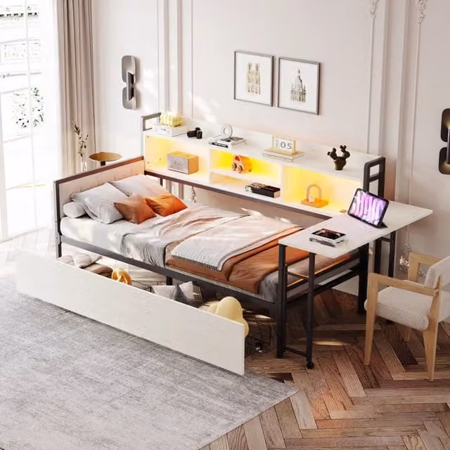 Letto multifunzione in metallo 90×200 cm bianco con due grandi cassetti, ripiano, scrivania estraibile, luce LED e presa multifunzione