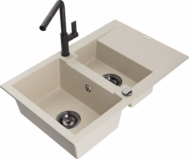 Mexen Gaspar lavello in granito 1,5 vasca con scolapiatti e rubinetto da cucina Flora, beige - 6507-69-670401-70-B