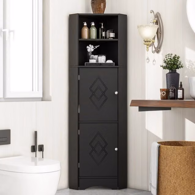 Mobile angolare da bagno MODFU nero con ante a battente e vano aperto in legno MDF e finitura opaca