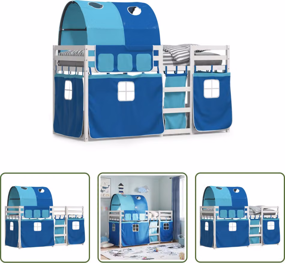 The Living Store Letto a castello con tende blu 80x200 cm in legno di pino massiccio