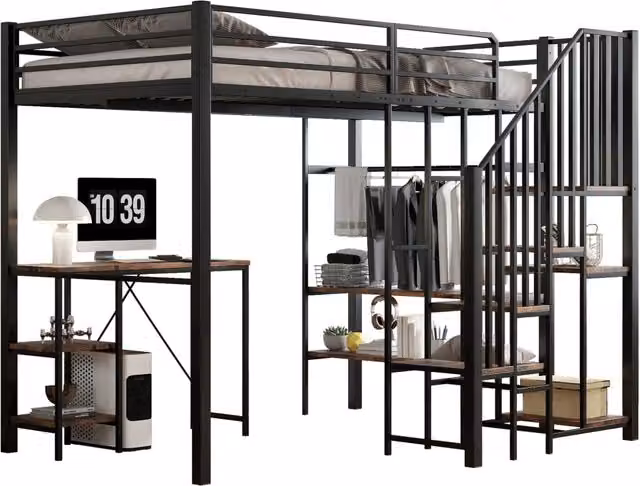 Letto a castello REDOM con scrivania e libreria per bambini in metallo e MDF nero L/P/H: 200 x 120 x 75,5 cm – 1