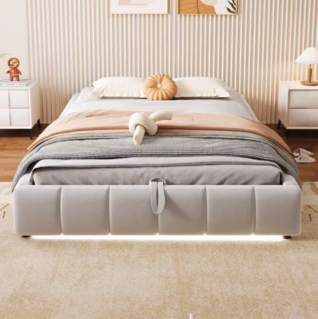 Letto imbottito ULEVR 140x200 cm senza testiera con contenitore idraulico e LED bianco, beige