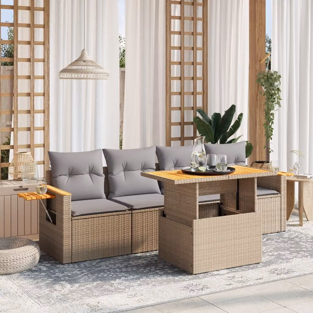 vidaXL Set Divano da Giardino 5 pz in Polyrattan Beige con Cuscini e Tavolino – 1