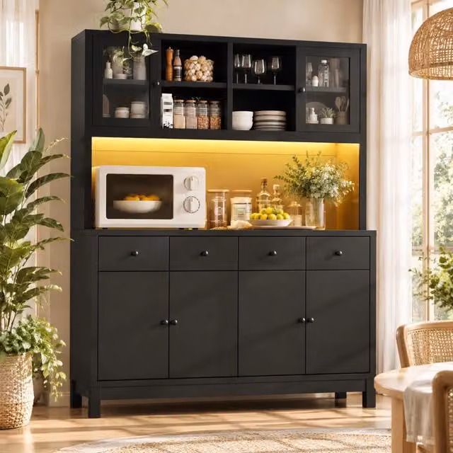 Credenza alta da cucina 140x38;5x180 cm in MDF nero con LED RGB; vetrine e 4 cassetti