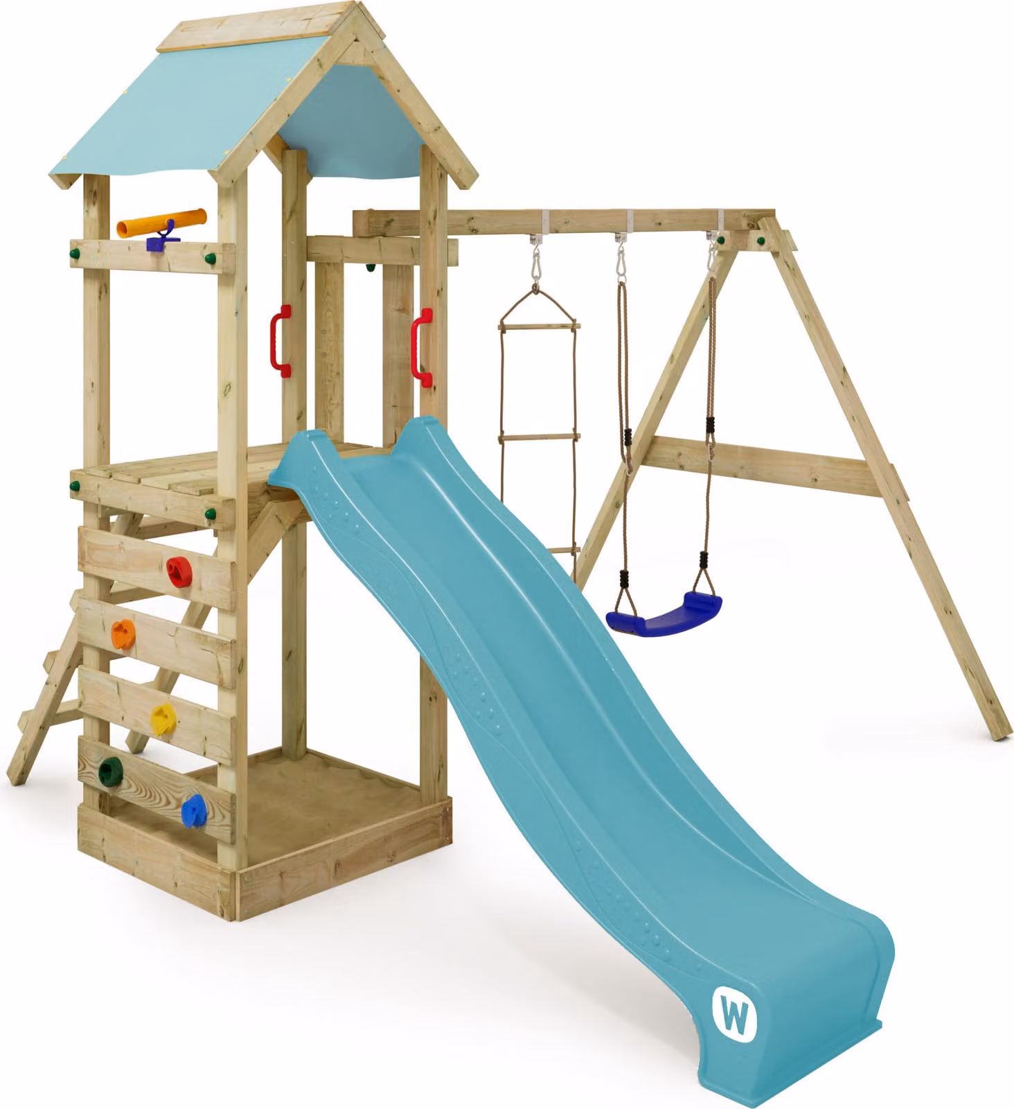 Torre giochi Wickey FreeFlyer con altalena e scivolo in azzurro cielo