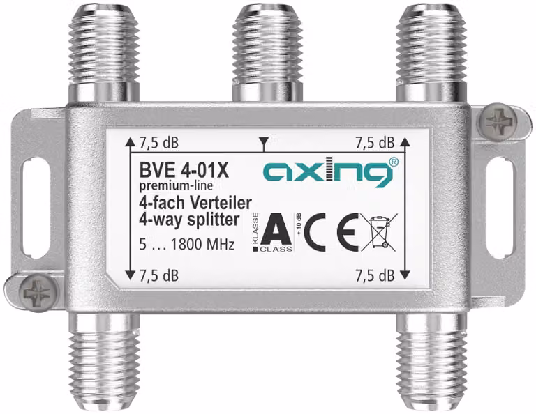 Axing BVE00401X, Splitter, 75 ohm, 5 - 1800 MHz, Alluminio, Femmina, A