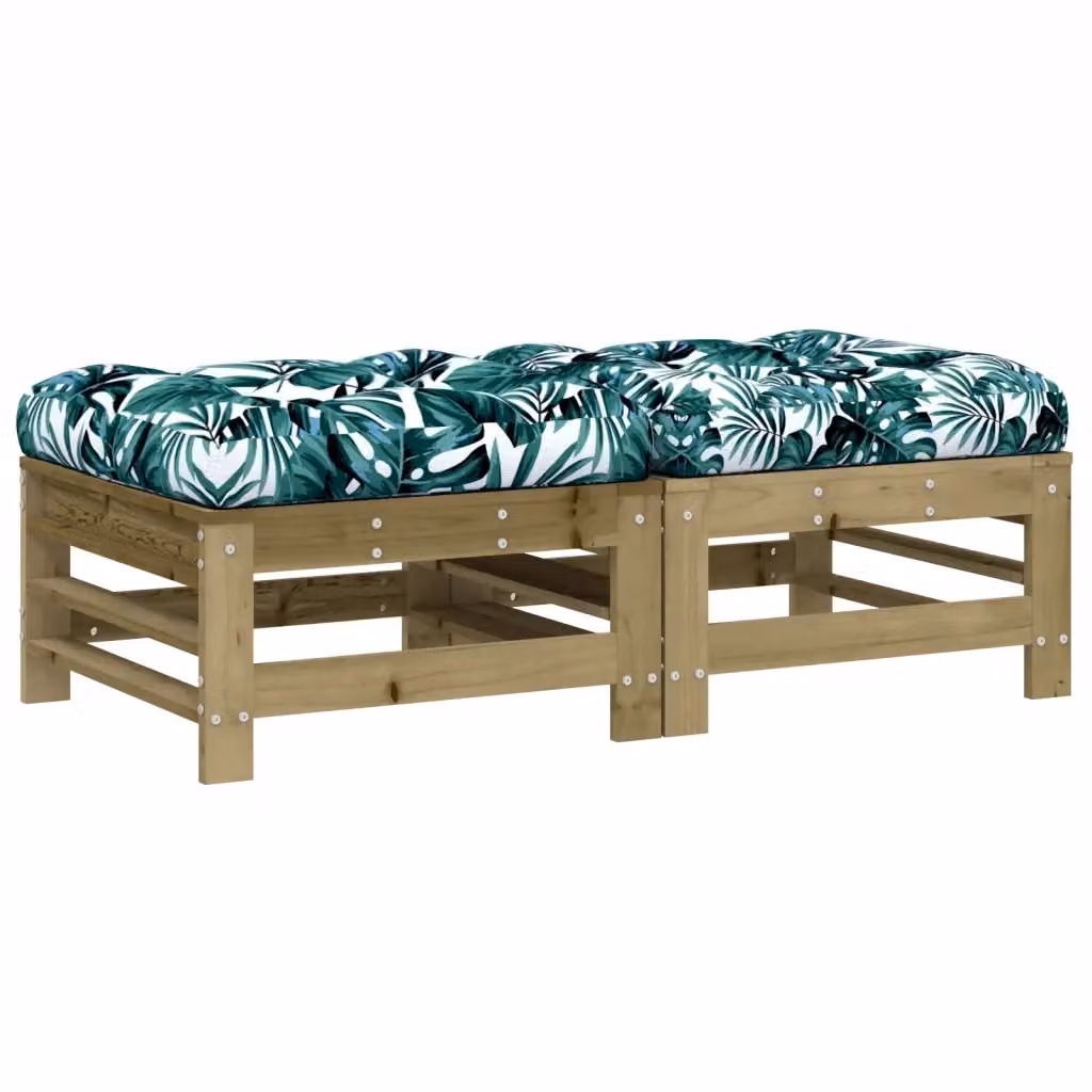 Set di 2 Poggiapiedi da Giardino VIDAXL in Legno di Pino Trattato con Cuscini Verdi e Fantasia Floreale L/P/H: 57,5 x 30,0 x 30,0 cm – 2