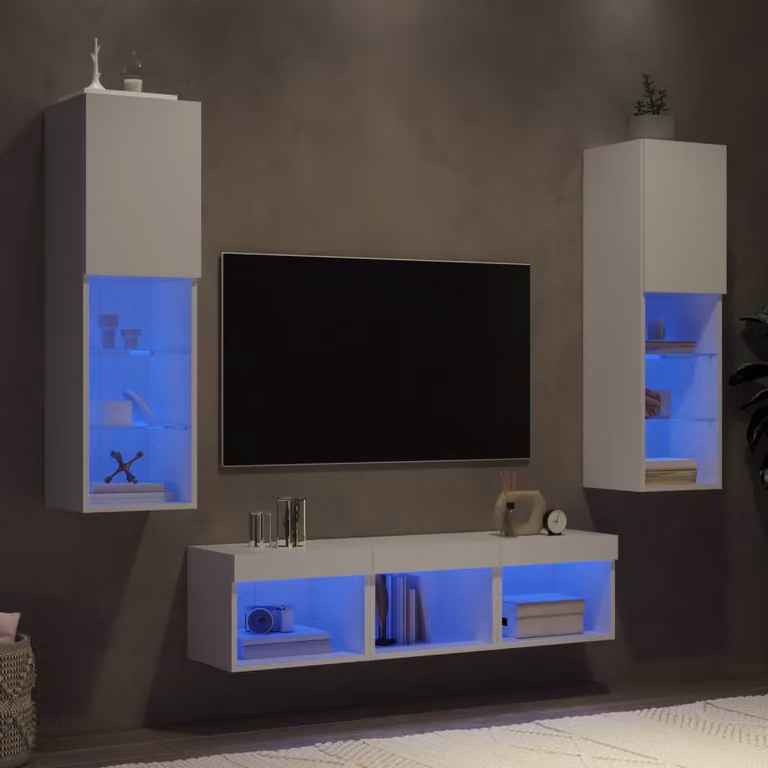 Mobile TV a muro vidaXL con illuminazione LED integrata, 5 pezzi, bianco, in legno e MDF, L: 120 cm, P: 30 cm, H: 30 cm