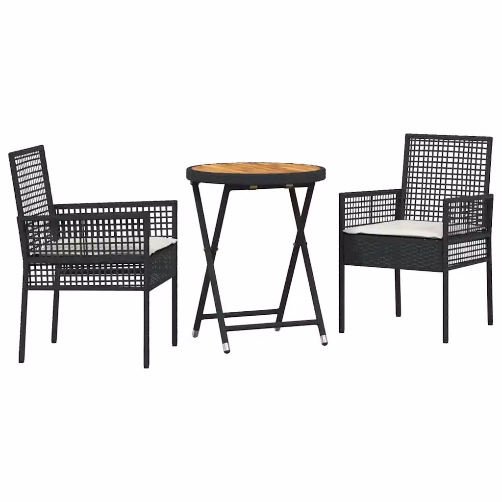 Set Bistro da Giardino 3 Pezzi vidaXL in Polyrattan e Legno di Acacia Nero e Beige – 2