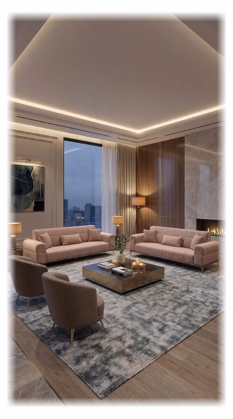 Divano componibile: 2 divani a 3 posti, 2 poltrone. Design moderno, colore rosa, elegante rivestimento. Set di mobili imbottiti
