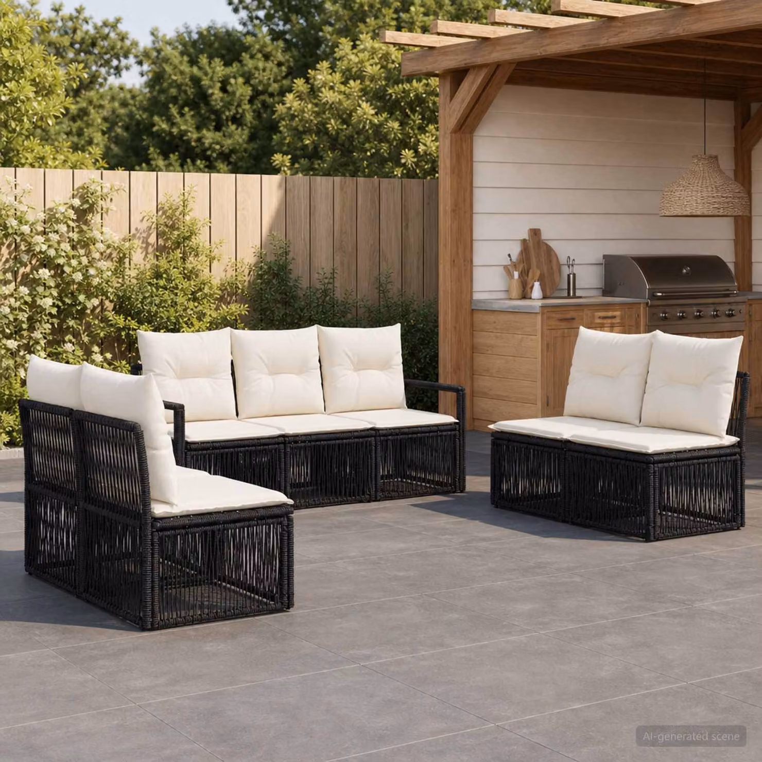 Set Divano da Giardino vidaXL 7 pz in Polyrattan Nero con Cuscini e Struttura in Acciaio
