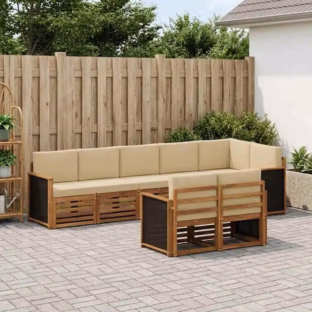 Set di divani da esterno moderno vidaXL in legno di acacia con cuscini beige composto da 7 pezzi – 1