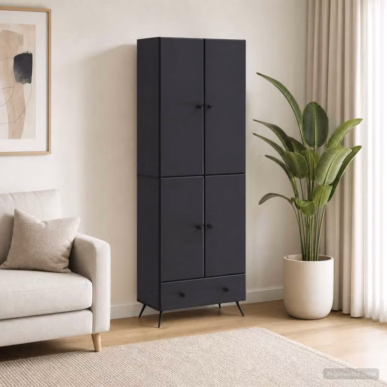 Set di 2 armadi moderni vidaXL in MDF nero opaco con ante a battente, cassetti e illuminazione integrata L/P/H: 95 x 34,5 x 66 cm