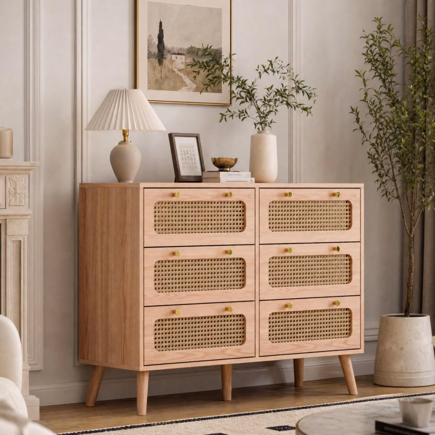 INONEFT, mobiletto contenitore in rattan, cassettiera con 6 cassetti, armadietto da cucina in legno con maniglie in metallo, mobile contenitore moderno, dimensioni 100x34x73 cm, colore legno