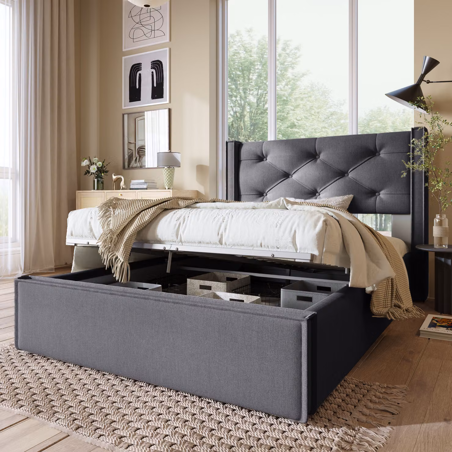 Letto a cassettoni MODFU, letto imbottito 90x200 cm, letto singolo idraulico con rete a doghe su telaio in metallo, senza materasso, grigio