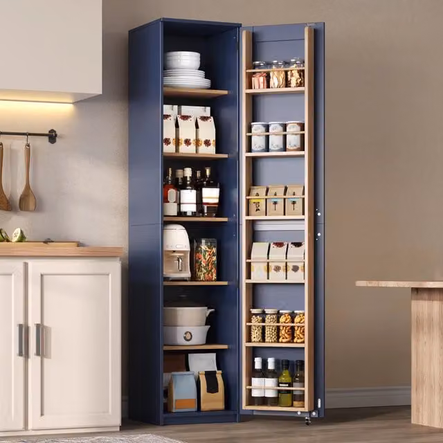 Armadio alto con ripiani regolabili e vani sulla porta, salvaspazio per cucina e bagno, in MDF blu, 40 × 40 × 183 cm