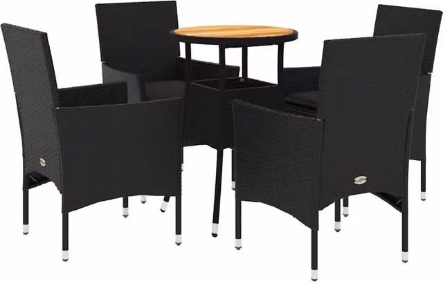 Set Pranzo da Giardino 5 pz | Set Salotto da Giardino con Cuscini Nero Polyrattan Acacia