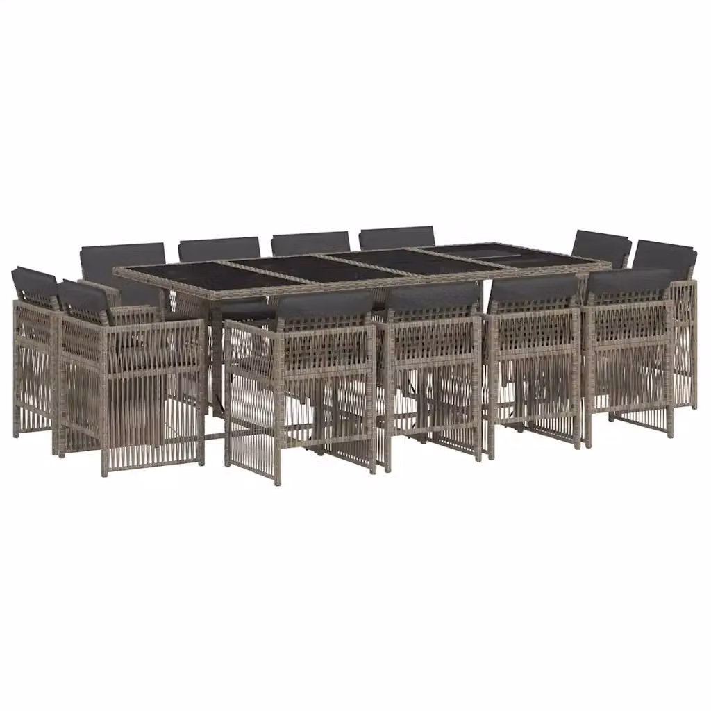 Set da Pranzo da Giardino vidaXL in Polyrattan con Cuscini e Tavolo in Vetro, 13 Pezzi, Grigio e Nero – 2