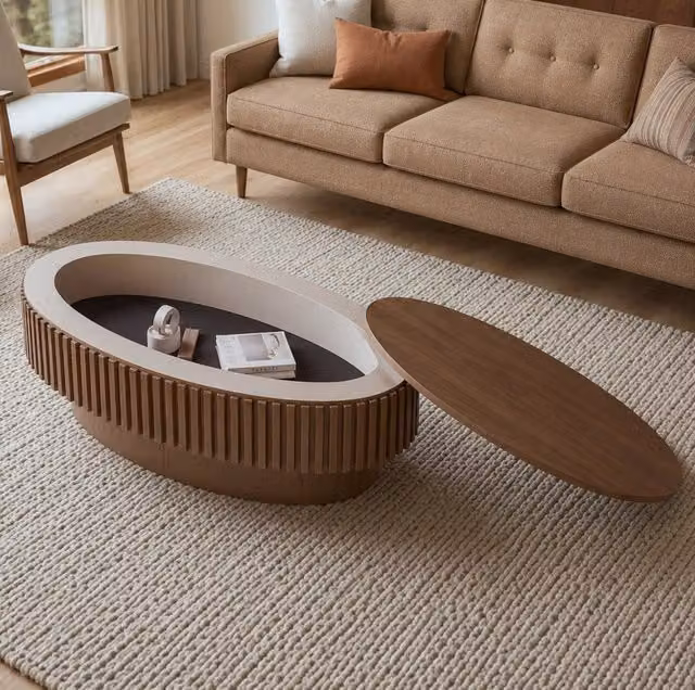 Tavolino da caffè ovale 98 cm in legno impiallacciato noce con vano nascosto e design scanalato