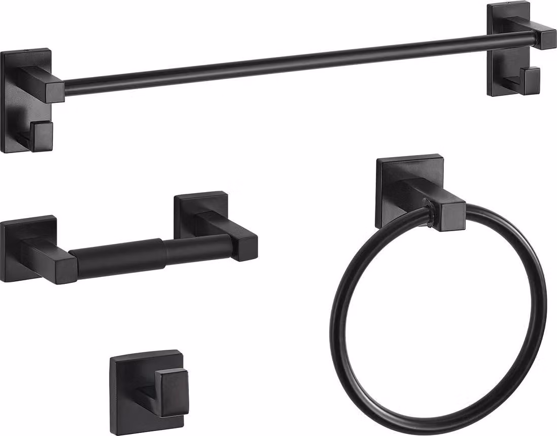 Set di accessori per bagno in nero opaco, set di 4 accessori per bagno in acciaio inossidabile, portasciugamani da 24 pollici, anello portasciugamani, gancio per accappatoio, portarotolo, per bagno, montaggio a parete