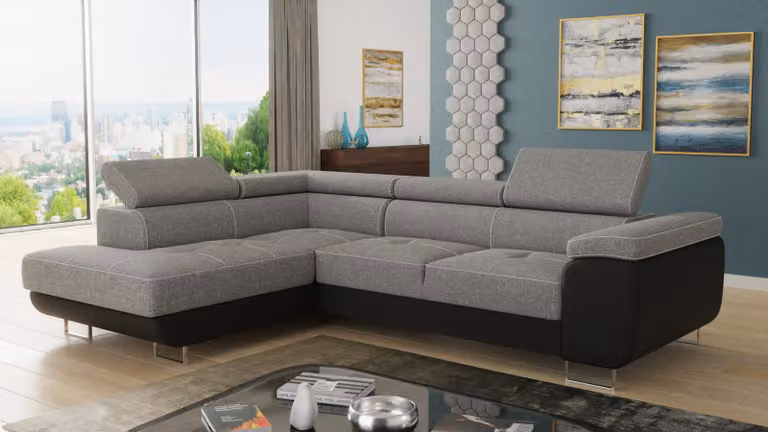 Divano angolare Caris con funzione letto e poggiatesta regolabili, salotto componibile, divano letto, divano letto, divano, divano (nero + grigio (Soft 011 + Sawana 21), divano angolare sinistro)
