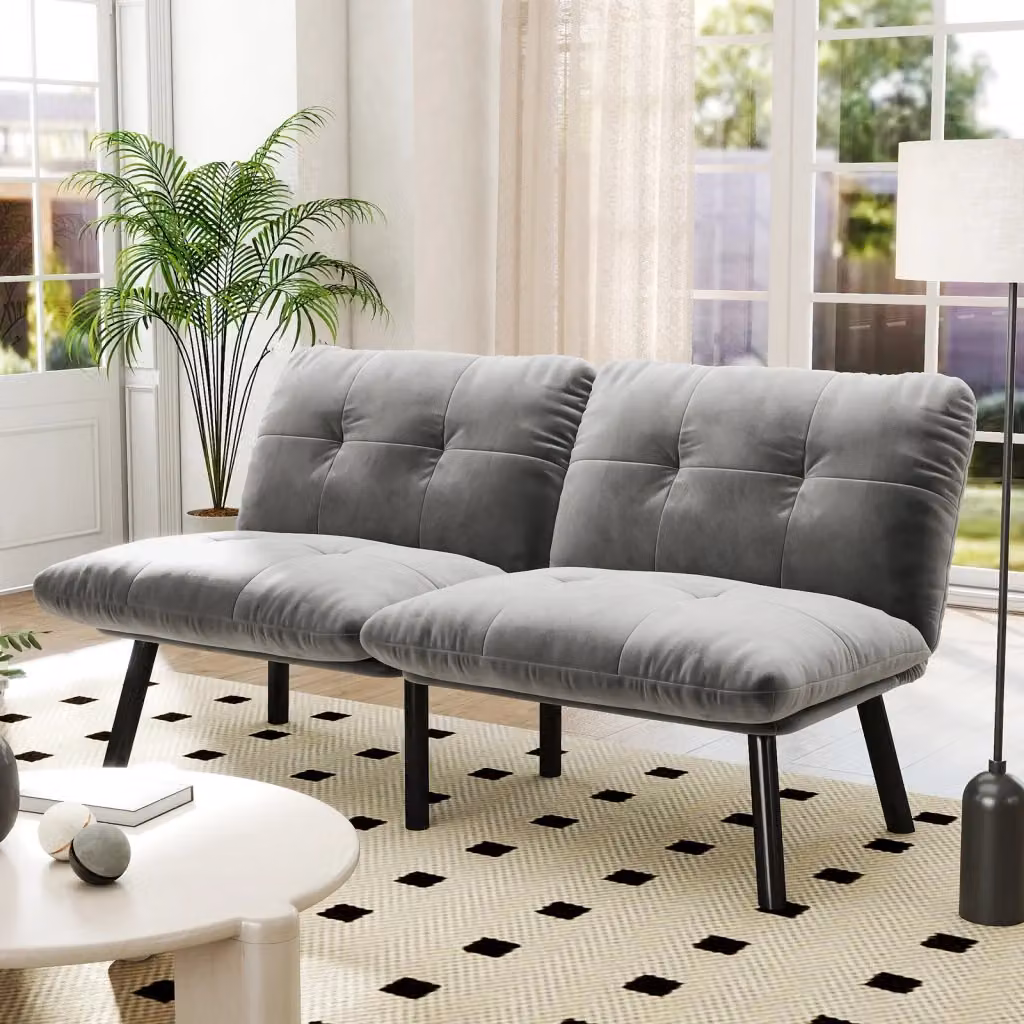 Canapé convertibile OKWISH in velluto grigio con funzione letto click-clack e struttura in metallo – 2
