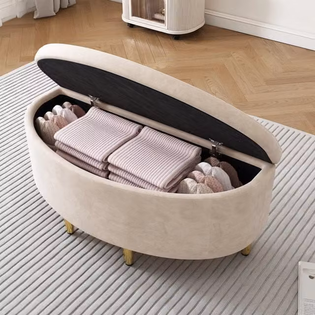 Panca contenitore OKWISH in velluto beige per ingresso e camera da letto, L 90 x P 40 x H 42 cm – 1