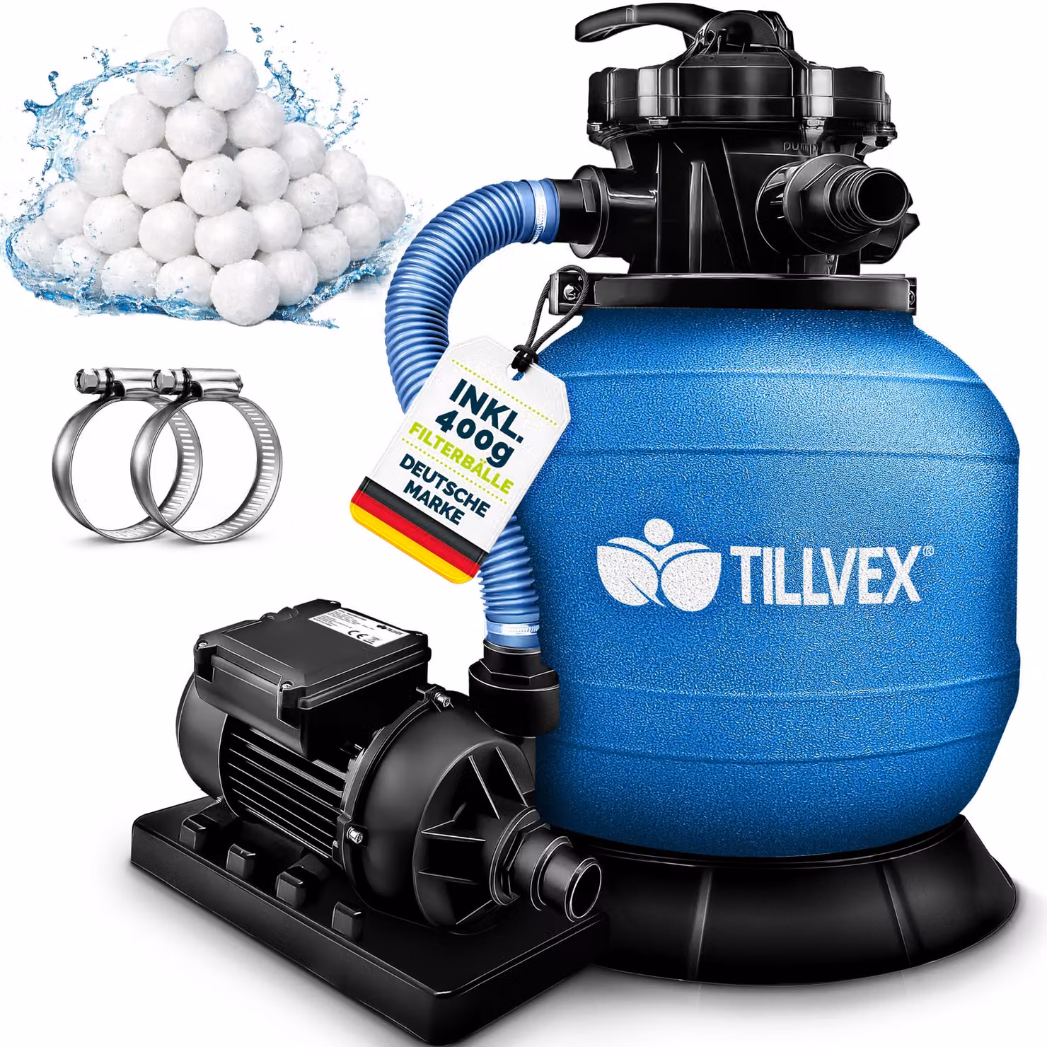 tillvex® sistema di filtraggio a sabbia per piscina 7.900L/h incl. sfere filtranti da 400g blu | sistema di filtraggio valvola a 7 vie & adattatore 2in1 Ø32mm - 38mm | filtro per piscina con indicatore di pressione | filtro a sabbia per piscine