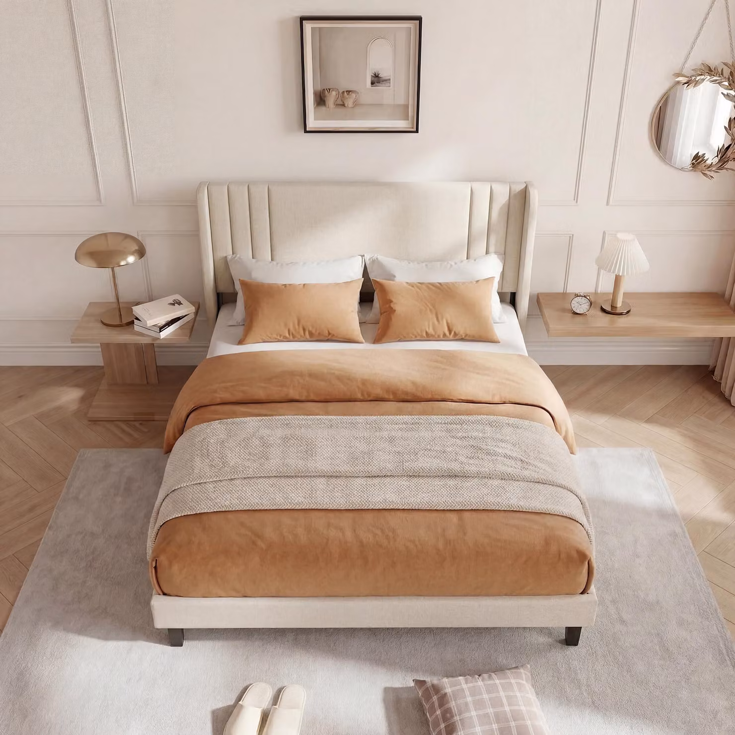 Letto in lino beige ProximaX 140x200 cm con testiera incassata, robusto letto imbottito con rete a doghe in legno, silenzioso e stabile, ideale per camere da letto e camere dei ragazzi