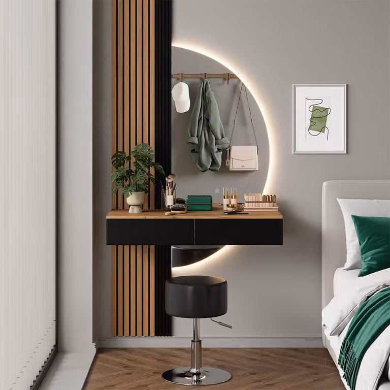 Tavolo da toeletta Vicco Melina Rovere/Nero 100 cm con specchio LED e sgabello, Model 58446