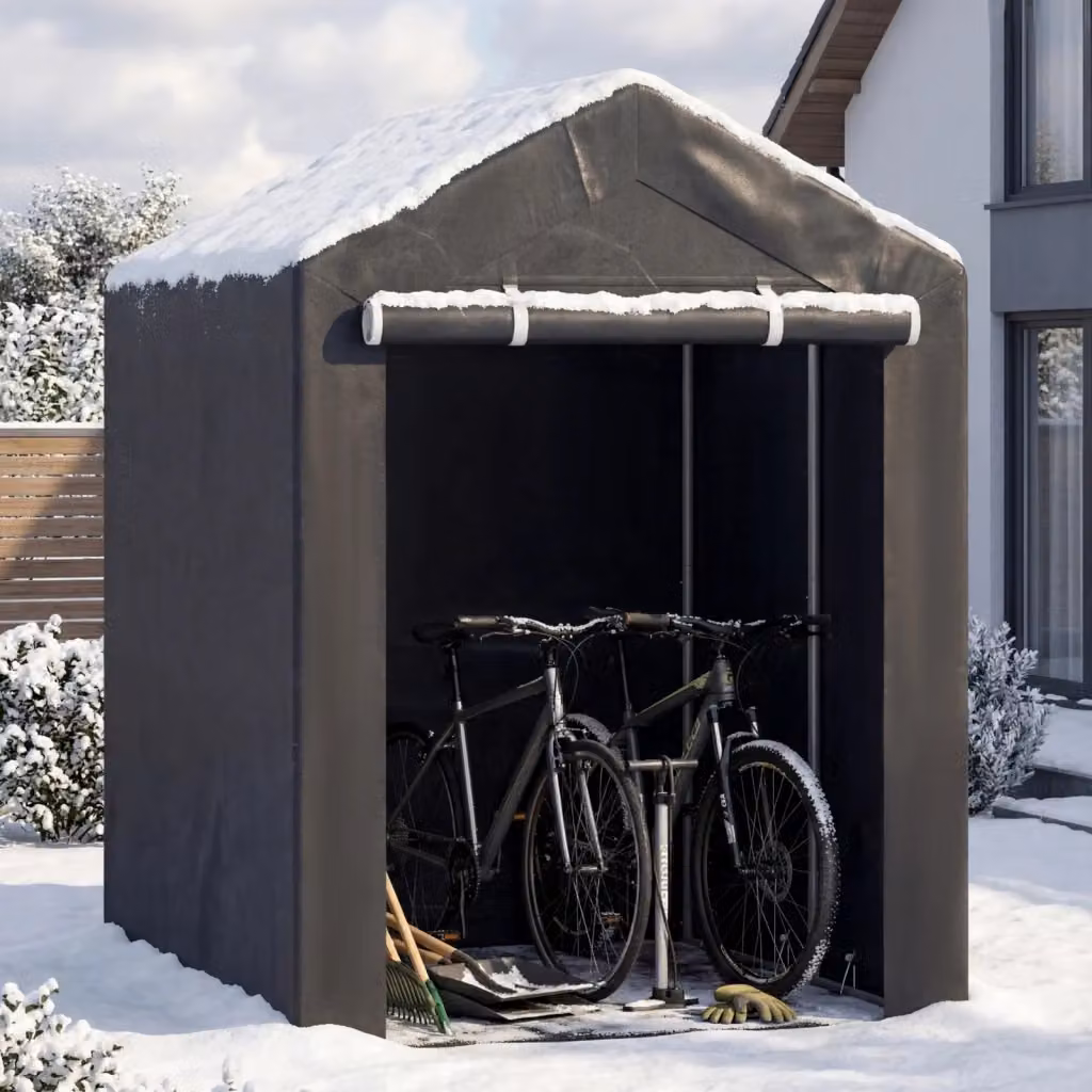 Capanno da giardino impermeabile in metallo con tetto spiovente per biciclette, moto e legna, grigio e nero, L/P/H: 180 x 120 x 167 cm – 2