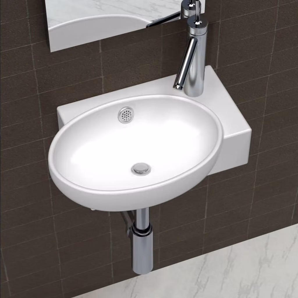 The Living Store Lavabo con foro per rubinetto e foro per troppopieno in Vetroceramica bianca