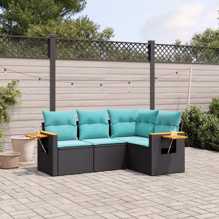 Set Divani da Giardino vidaXL 4 Pezzi a Forma di L con Cuscini e Tavolino, Design Moderno in Polyrattan e Legno di Acacia con Struttura in Acciaio Verniciato a Polvere