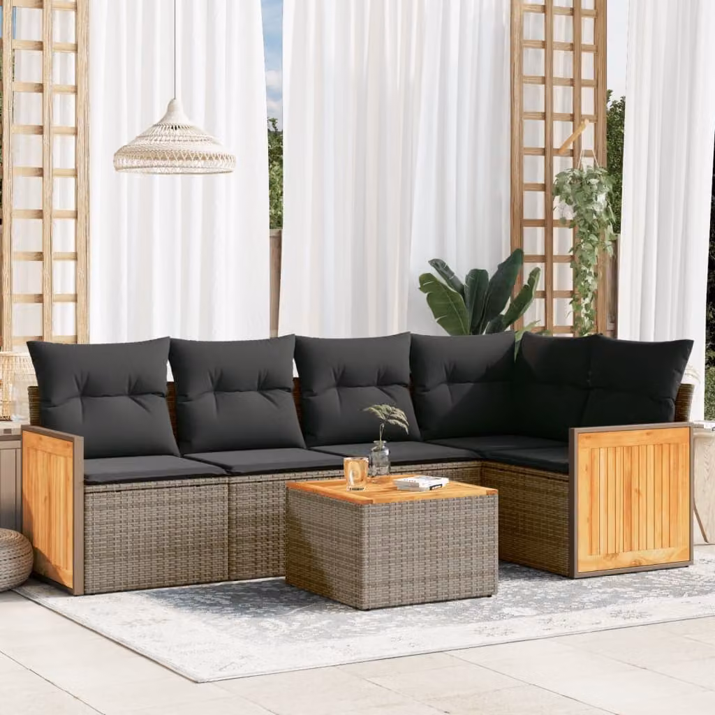 vidaXL Set Divano da Giardino a L in Polyrattan Grigio con Cuscini e Tavolino da Esterno