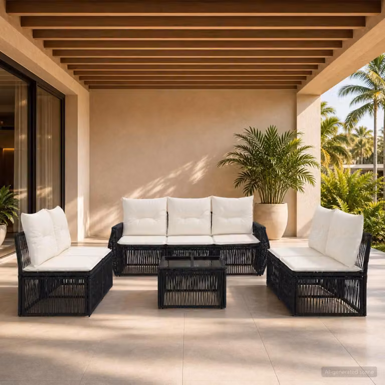Maison Exclusive - Set da giardino composto da 8 pezzi. Divano da giardino in rattan sintetico, colore nero e crema