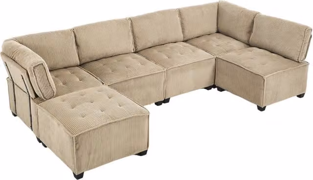 Divano modulare 6 posti in velluto a coste khaki con struttura legno e metallo, forma U/L/letto, ergonomico con tasche laterali