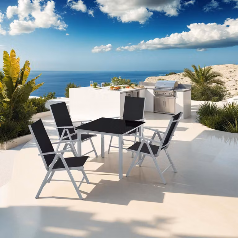 Set di tavolo e 4 sedie TecTake in alluminio verniciato argento con piano in vetro per giardino e terrazzo